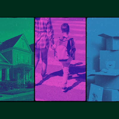 A triptych graphic illustration shows a house on the left, a child with a backpack walking with an adult in the center, and stacked moving boxes with a teddy bear on the right.