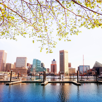 Baltimore skyline with water in the foreground.