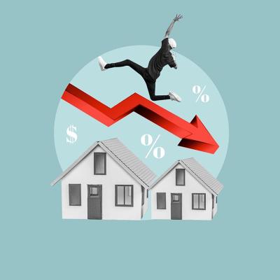 Illustration / collage showing concept of housing price drop depicted by red arrow with downward trend over houses, with a man leaping over the arrow.