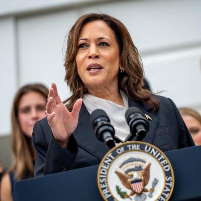 U.S. Vice President Kamala Harris speaks during an NCAA championship teams celebration on the South Lawn of the White House.