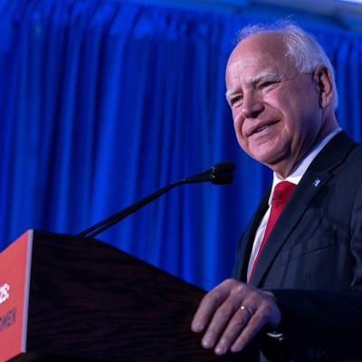 Tim Walz speaks at a Biden-Harris campaign and DNC press conference in Milwaukee, Wisconsin.