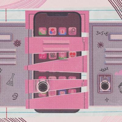 Illustration with pink locker showing contents depicting concept of cell phone ban.