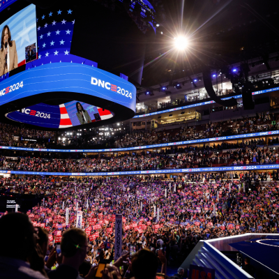 Kamala Harris speaks onstage during the first day of the Democratic National Convention.