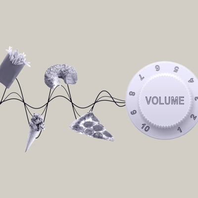 Illustration of concept of food noise depicted by volume dial and food items on beige background.