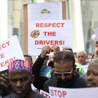 Uber and Lyft drivers protest against pay cuts, longer hours and stressful shifts at the company's New York headquarters on June 12, 2024 in New York.