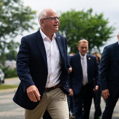 Minnesota Governor Tim Walz arrives to speak at a press conference regarding new gun legislation at City Hall on August 1, 2024 in Bloomington, Minnesota.