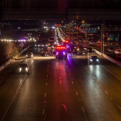  Major traffic accident with multiple cars involved, at junction of Loop 1604 with I-10 in San Antonio, TX with firefighters, police and ambulance at the scene.