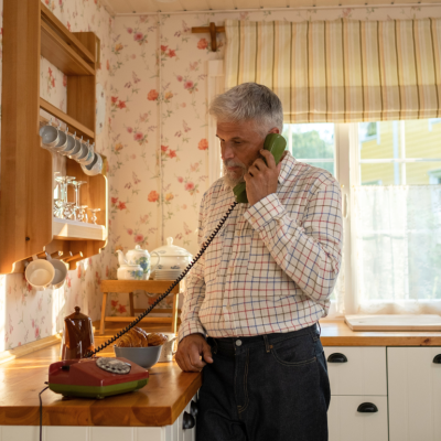 An older man speaking on landline phone.