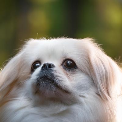 Portrait of a Pekingese in blurred forest background.