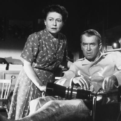 James Stewart with his nurse Thelma Ritter in a scene from Alfred Hitchcock's 'Rear Window'.