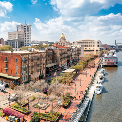 Aerial view of the Savannah, Georgia skyline along River Street.