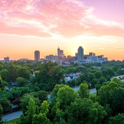 A view of Raleigh, N.C. skyline at sunrise with large trees in the foreground. 