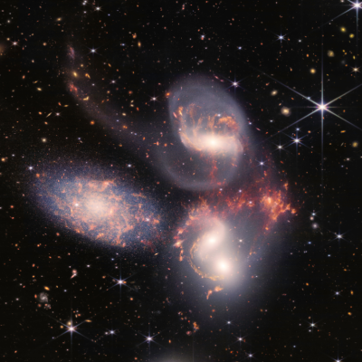 An image from NASA's James Webb Space Telescope reveals Stephans Quintet, a visual grouping of five galaxies