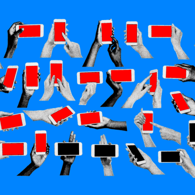 Photo illustration of many hands holding cell phones against blue background with some phones displaying red screens; concept of cell phone ban.