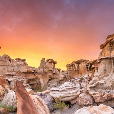 Bisti/De-Na-Zin Wilderness at Valley of Dreams after sunset in New Mexico.