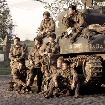 The cast acts in a scene from HBO's war miniseries "Band Of Brothers."