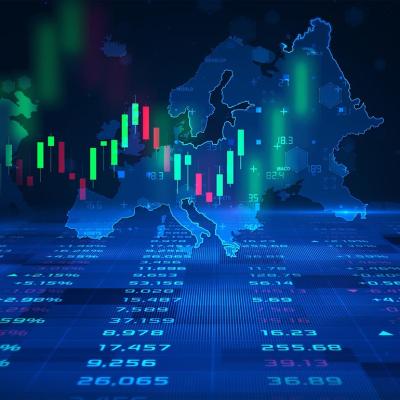 Concept of futures trading and European stock market illustrated by candlestick charts superimposed on a map of Europe.