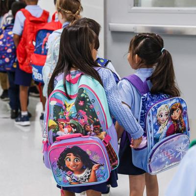 Students at Patrick Henry K-8 School in Alexandria, Virginia on their first day back to school.