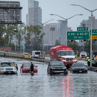 Cars in floodwater on the FDR highway in Manhattan, New York.