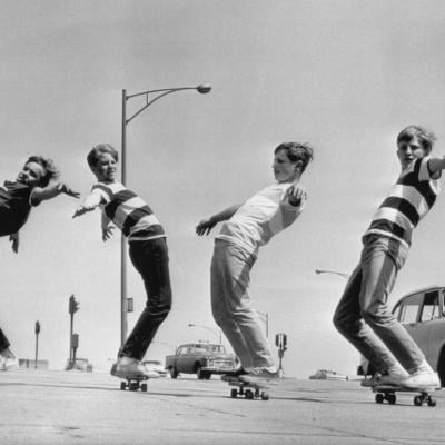 Four kids on their skateboards, a sport that became very popular among teenagers, in Chicago in 1965.