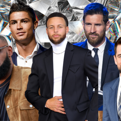 A collage of the most famous athletes right now. (from left to right: LeBron James, Cristiano Ronaldo, Steph Curry, Lionel Messi, Aaron Rodgers)