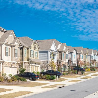 A row of residential two-storey houses in suburban Atlanta, Georgia.