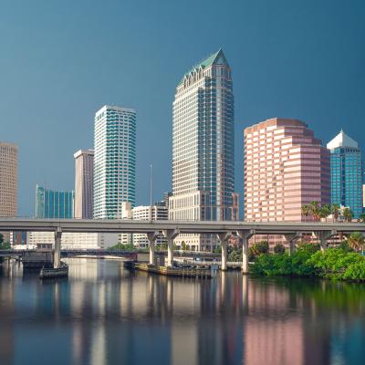 A panoramic view of downtown Tampa, Florida including the Hillsborough river.