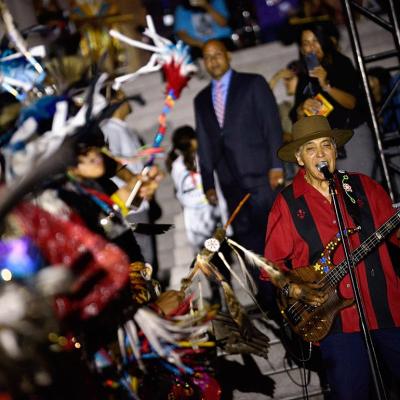 Pat Vegas of Redbone performs at Indigenous Peoples Day Celebration at Los Angeles Grand Park in 2018.