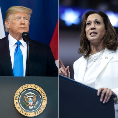 A split screen image of Donald Tump and Kamala Harris standing at podiums.