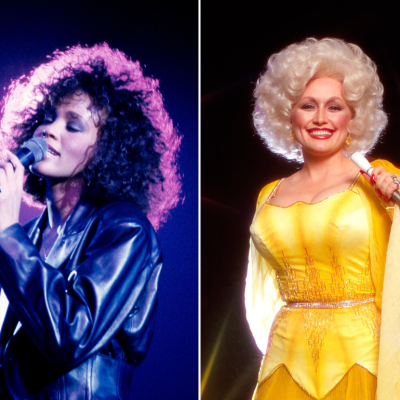 A collage of young Whitney Houston performing on stage circa 1988, and Dolly Parton in a studio portrait circa 1978