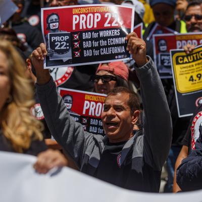 Ride-share drivers of the California Gig Workers Union rallying outside of the Supreme Court of California.