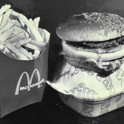 A picture of a McDonalds meal consisting of a Big Mac and side of fries, circa 1979