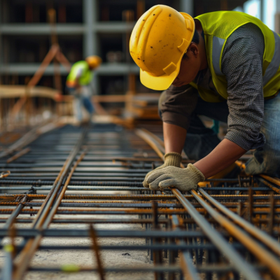 A construction worker wearing yellow hard hat kneeling down on metal rods at a construction site, focused on his task.