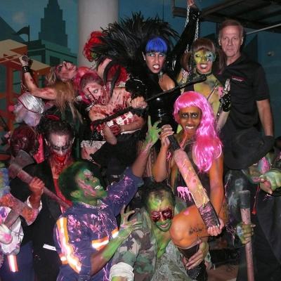 Cast members dressed in horror characters during the 2015 'Blood Manor' press preview in New York.