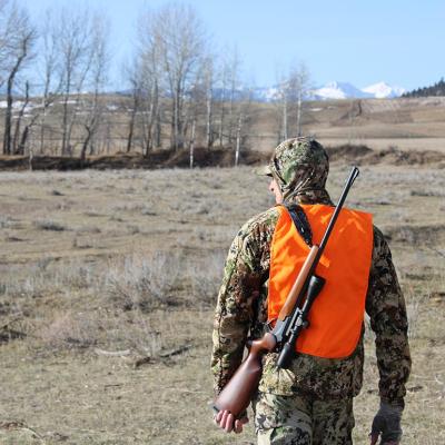 Rear view of a hunter carrying a rifle and wearing high-visibility vest walking toward open field.