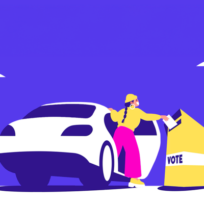 Illustration of a woman getting out of a ride to vote.