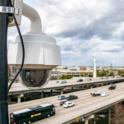 A closeup of a traffic surveillance camera in a freeway in Houston, Texas.