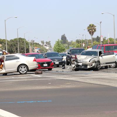 A multi-car accident in an intersection in Inglewood, CA.