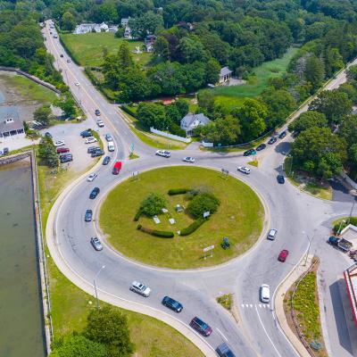 Aerial view of a traffic roundabout in Hingham near Boston, MA.