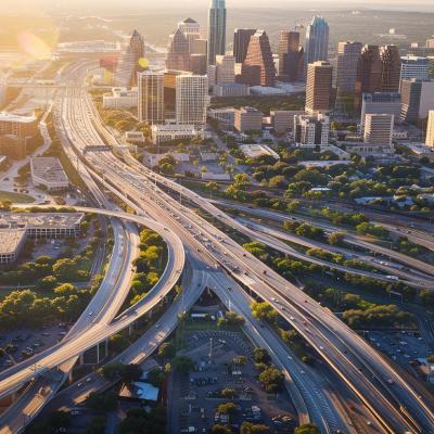 Aerial view of Austin, Texas and its freeway system during sunset.