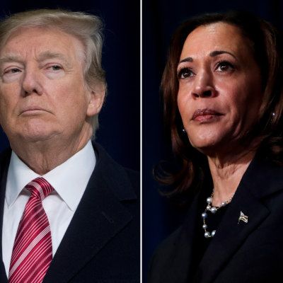 Side-by-side collage of portraits of presidential candidates Donald Trump (left) and Kamala Harris (right)