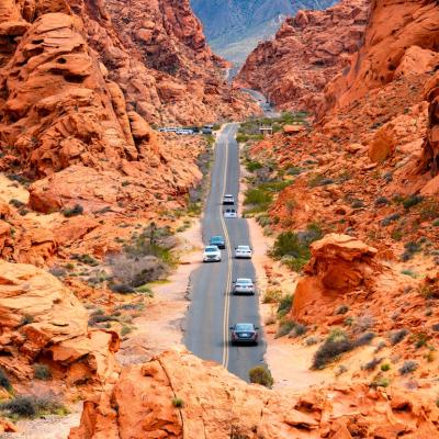 Narrow “White Domes Road“ scenic drive in the Valley of Fire State park near Las Vegas, Nevada.