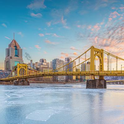 A skyline view of Pittsburgh City during winter in Pennsylvania.