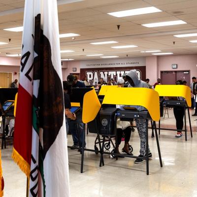 People cast their ballots for the 2024 United States Presidential Election at a polling station on November 5, 2024 in Los Angeles, California.