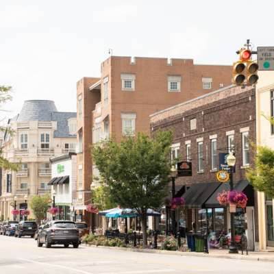 Street scene from the midwest suburban city of Carmel, Indiana along the Monon Trail near the Arts and Design District.