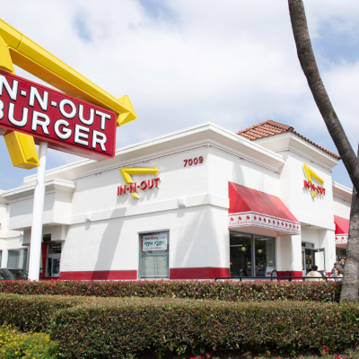 Exterior of an In-n-Out Burger restaurant on Sunset Boulevard in Los Angeles, CA.