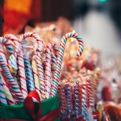 Colorful candy canes at a market.