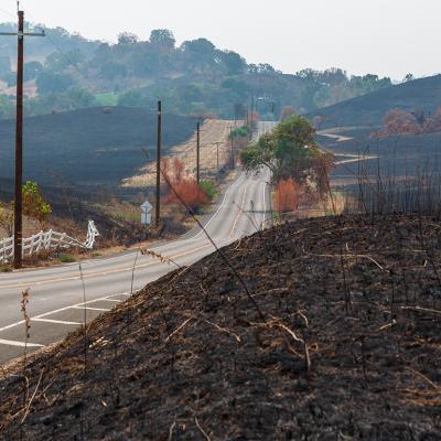 A view of fields scorched by a wildfire in Northern California.