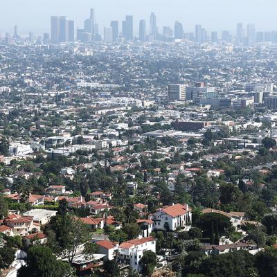 A foggy view of the downtown skyline in Los Angeles, California.