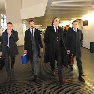 Luciano Moggi with his lawyer and legal team arrive to the Calciopoli trial on January 20, 2009 in Naples, Italy.